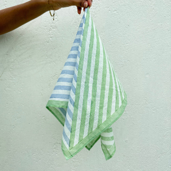 Striped Hand Block Printed Scarf , Green & Blue , 20 x 20 Inches (Set of 2)