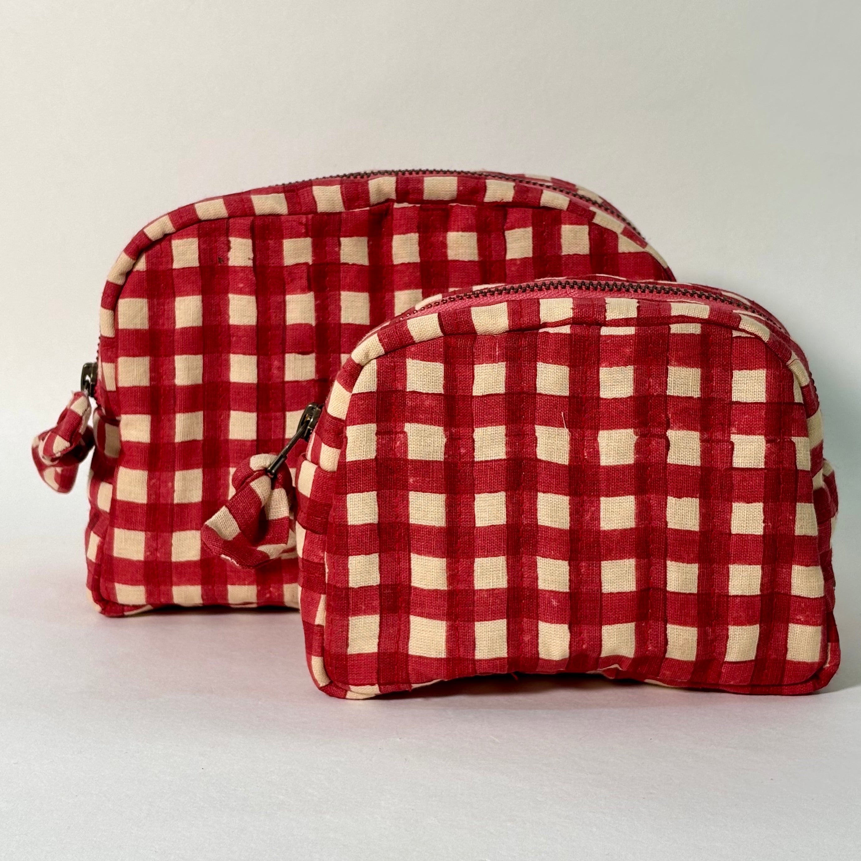 Sustainable Quilted Cotton Pouch, Red Checks - 6 x 4.5 Inches (Set of 2)