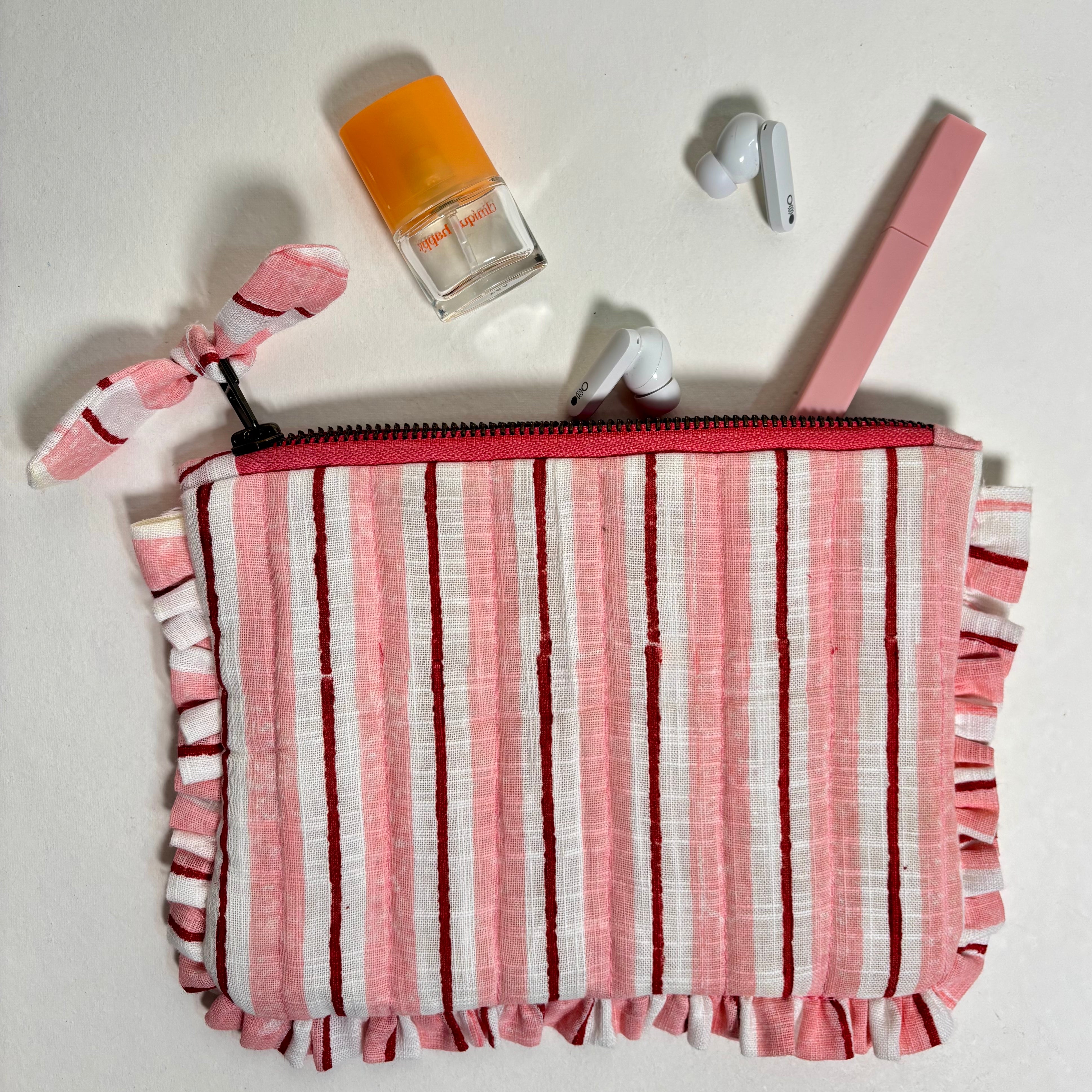 Sustainable Quilted Cotton Pouch, Pink & Red Striped - 8 x 5 Inches (Set of 2)