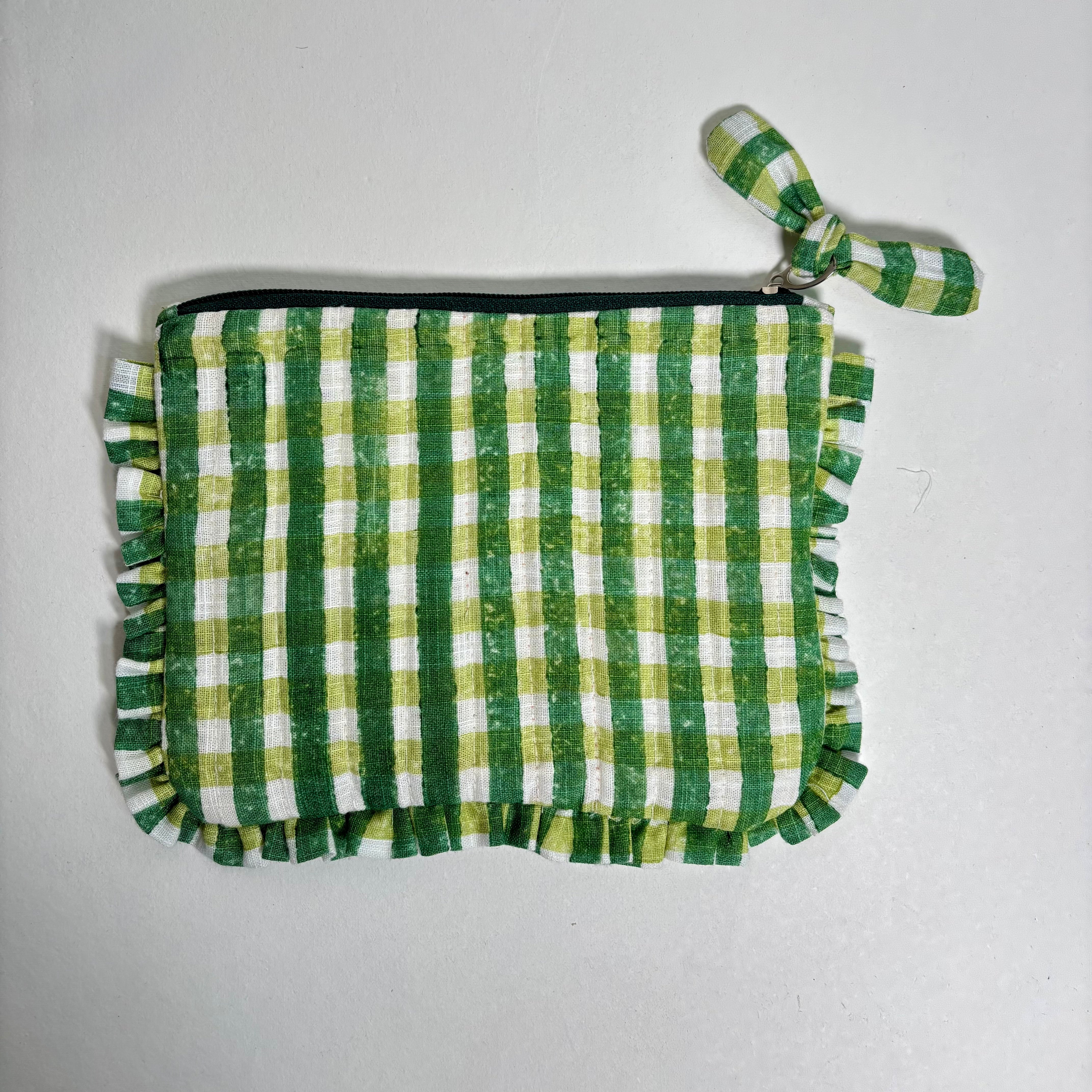 Sustainable Quilted Cotton Pouch, Green Checks - 8 x 5 Inches (Set of 2)