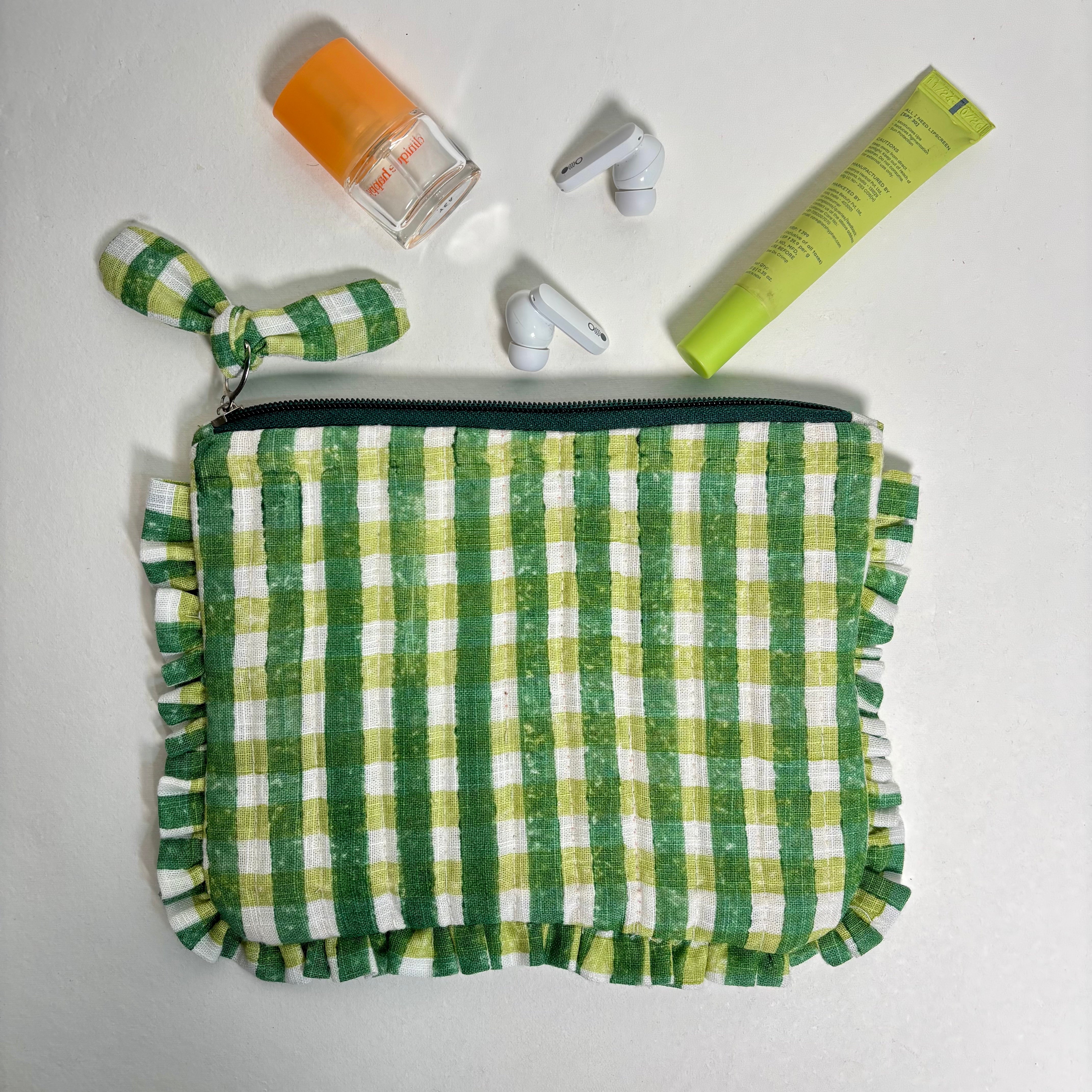 Sustainable Quilted Cotton Pouch, Green Checks - 8 x 5 Inches (Set of 2)