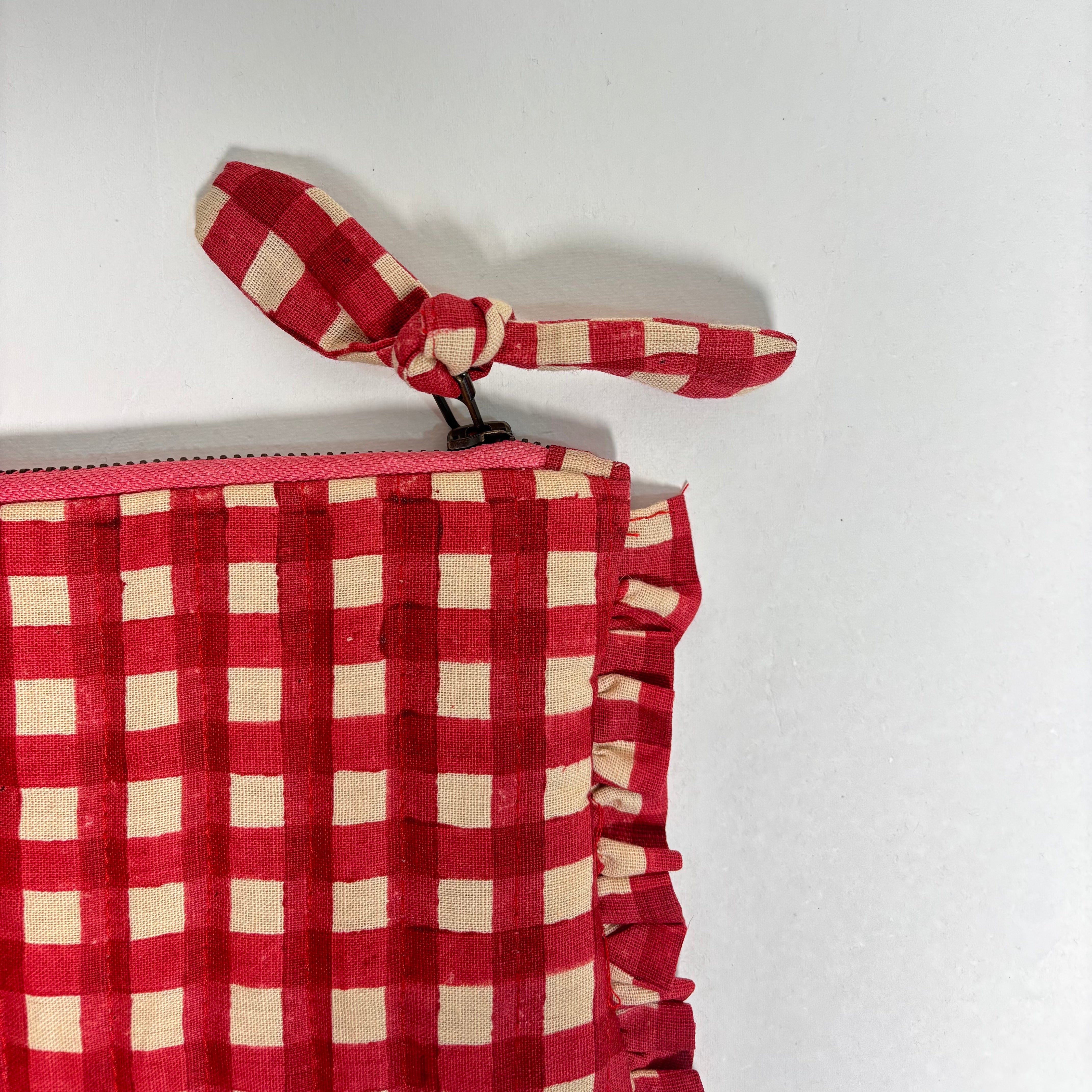 Sustainable Quilted Cotton Pouch, Red Checks - 8 x 5 Inches (Set of 2)