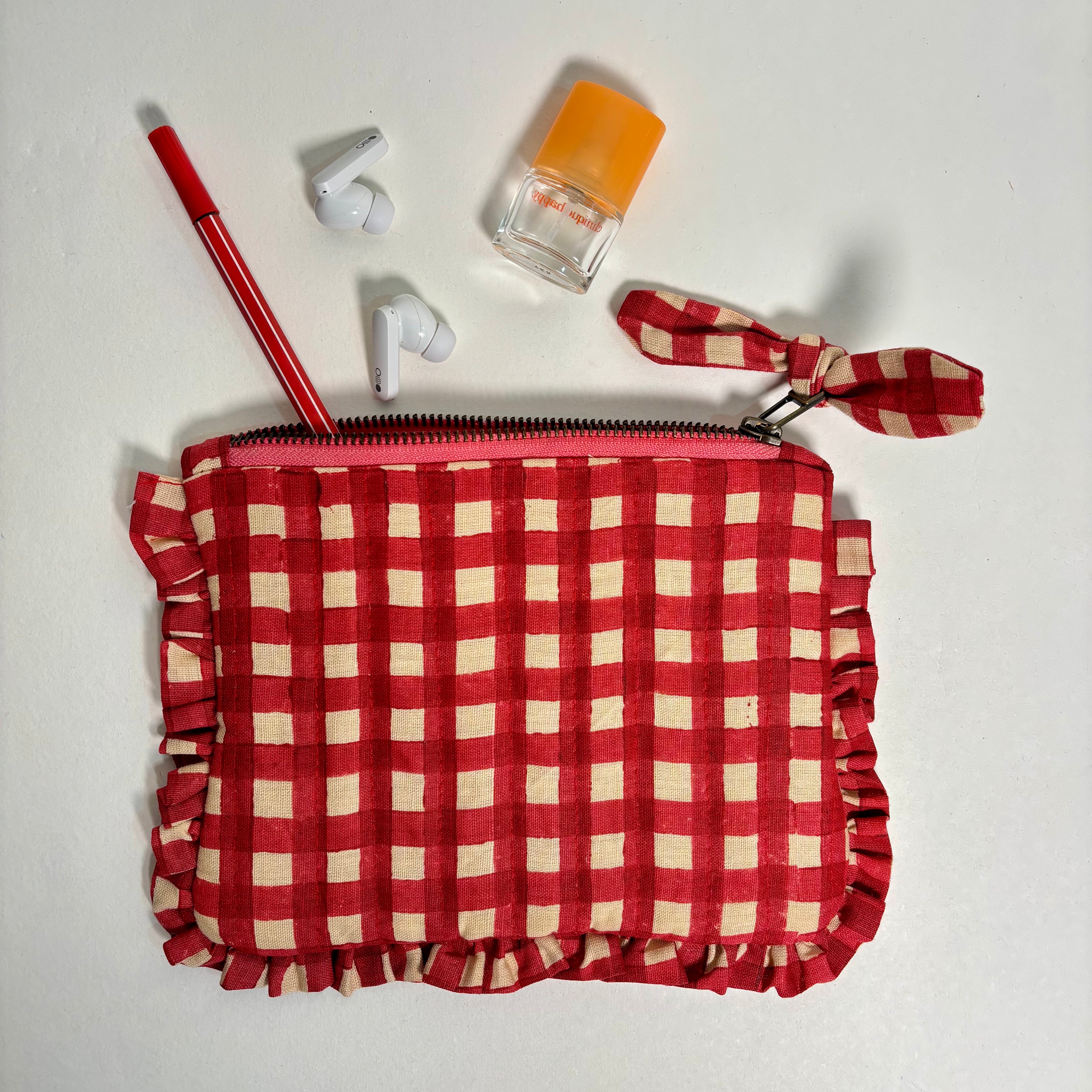 Sustainable Quilted Cotton Pouch, Red Checks - 8 x 5 Inches (Set of 2)