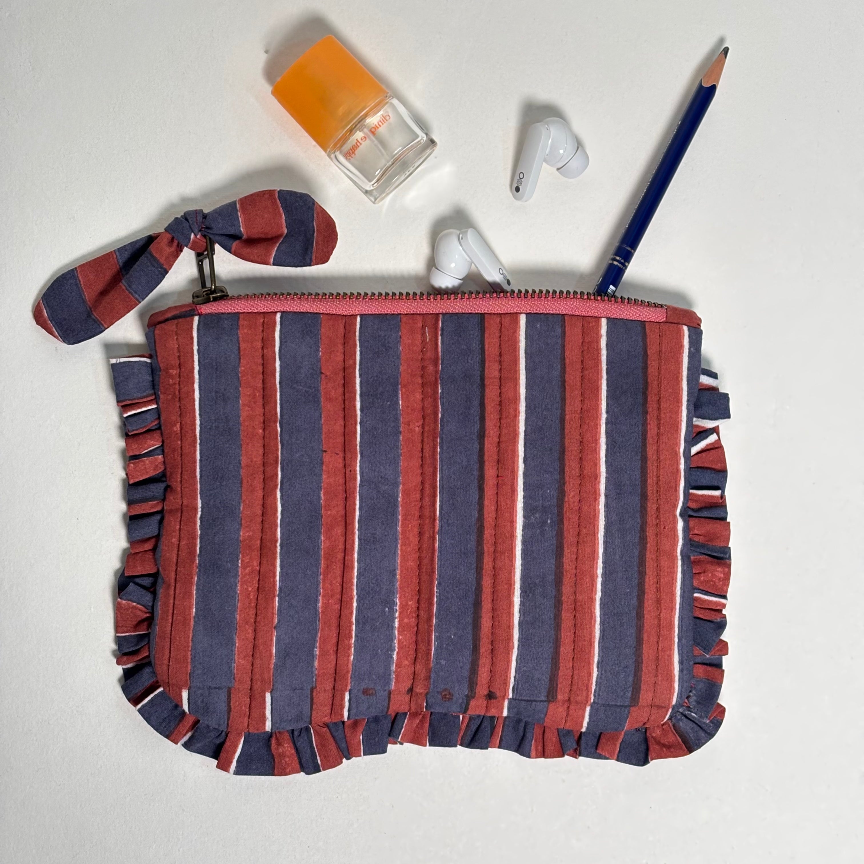 Sustainable Quilted Cotton Pouch, Navy Blue & Red Stripes - 8x5 Inches (Set of 2)