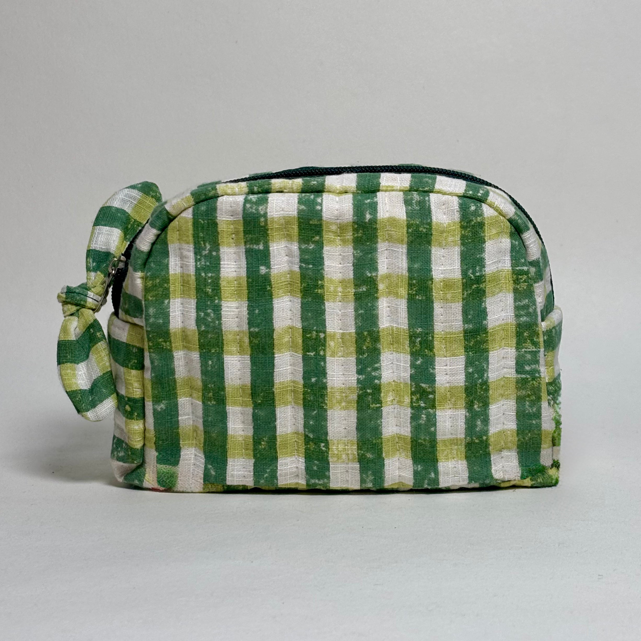 Sustainable Quilted Cotton Pouch, Green Checks - 6 x 4.5 Inches (Set of 2)