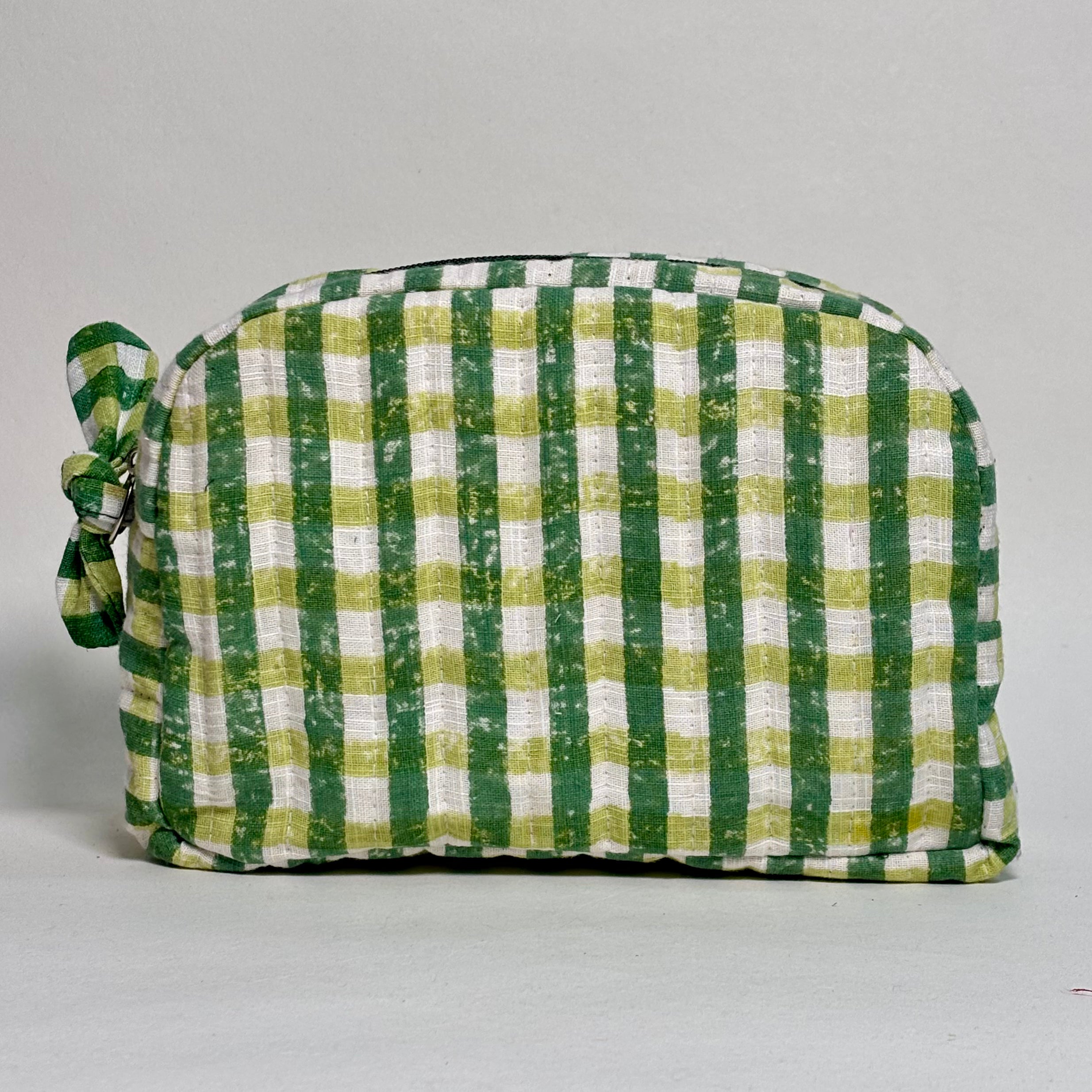 Sustainable Quilted Cotton Pouch, Green Checks - 6 x 4.5 Inches (Set of 2)