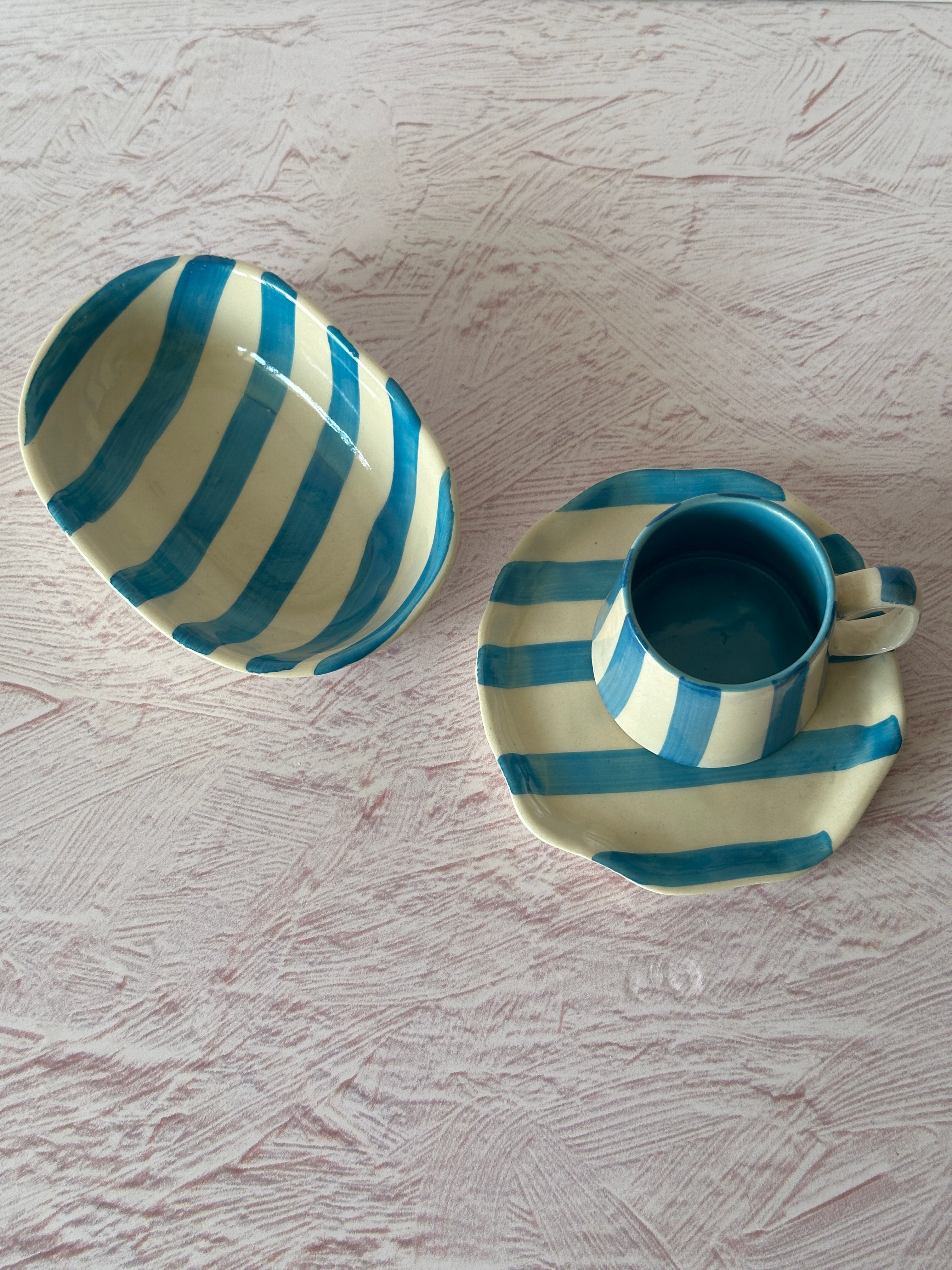Ceramic stripe Bowl, Aqua 7x5x2 Inches (Set of 4)