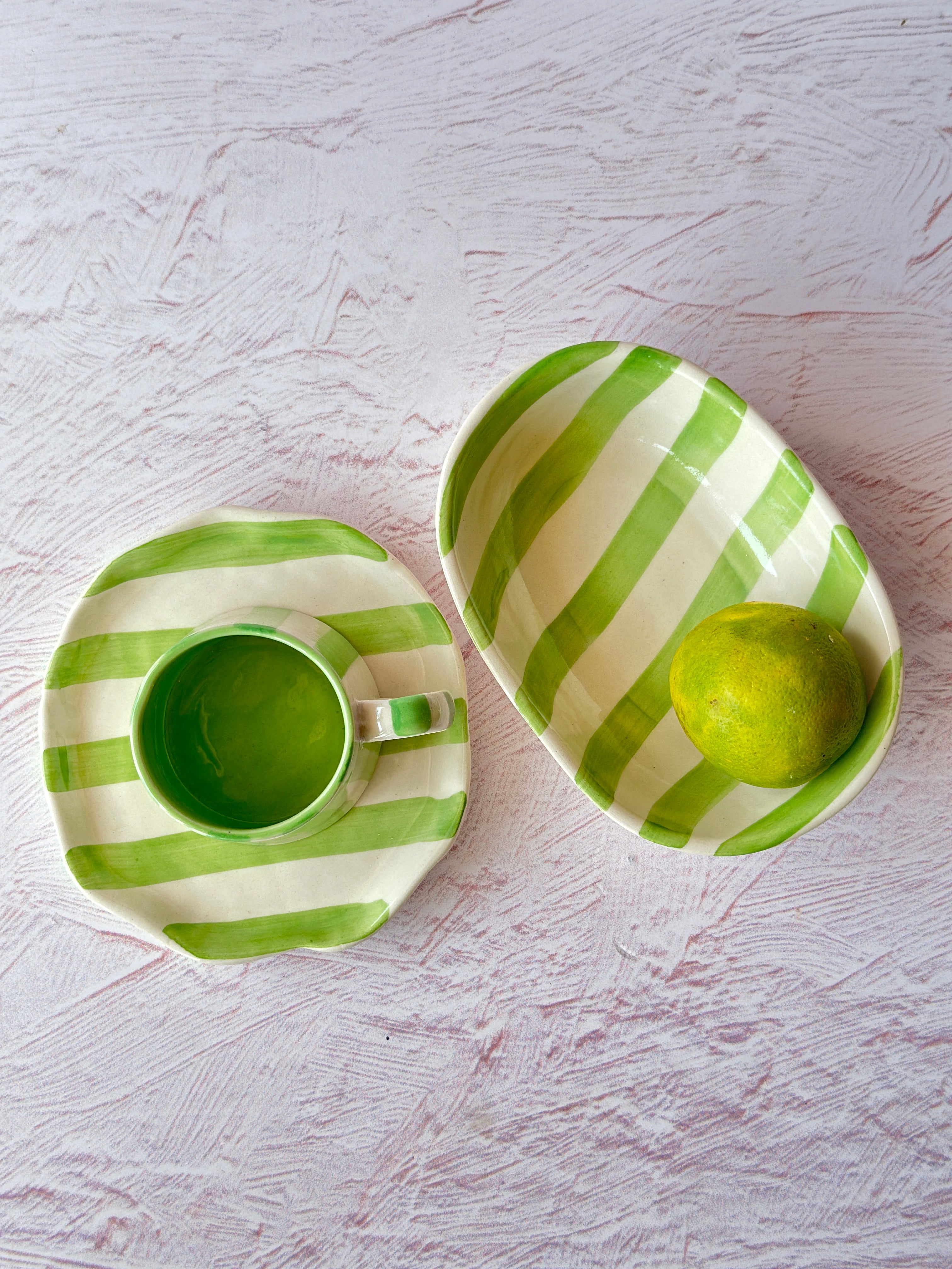 Ceramic stripe Bowl, Green 7x5x2 Inches (Set of 4)