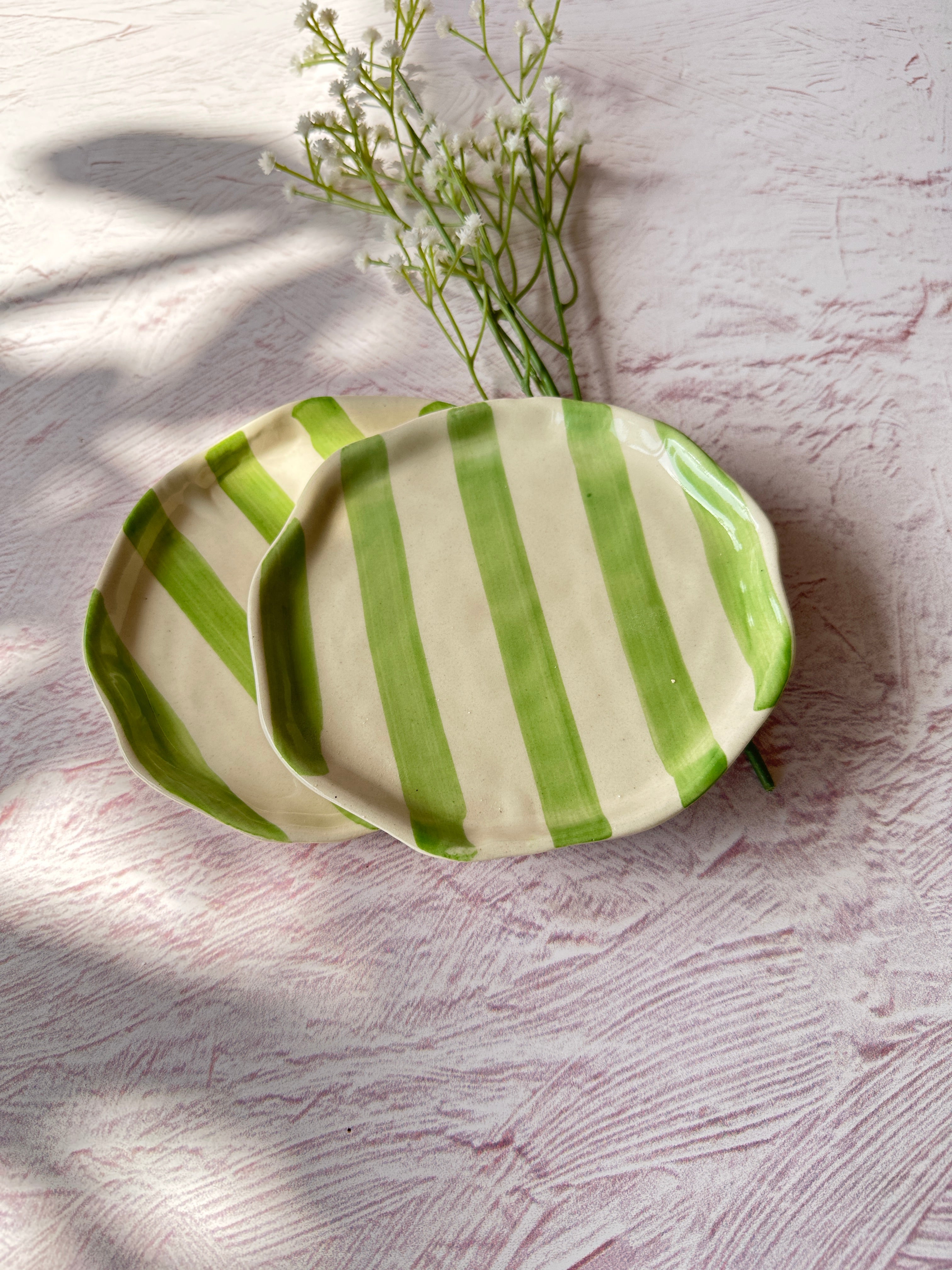 Ceramic Green stripe plate, 6.3x6.3 Inches (Set of 6)