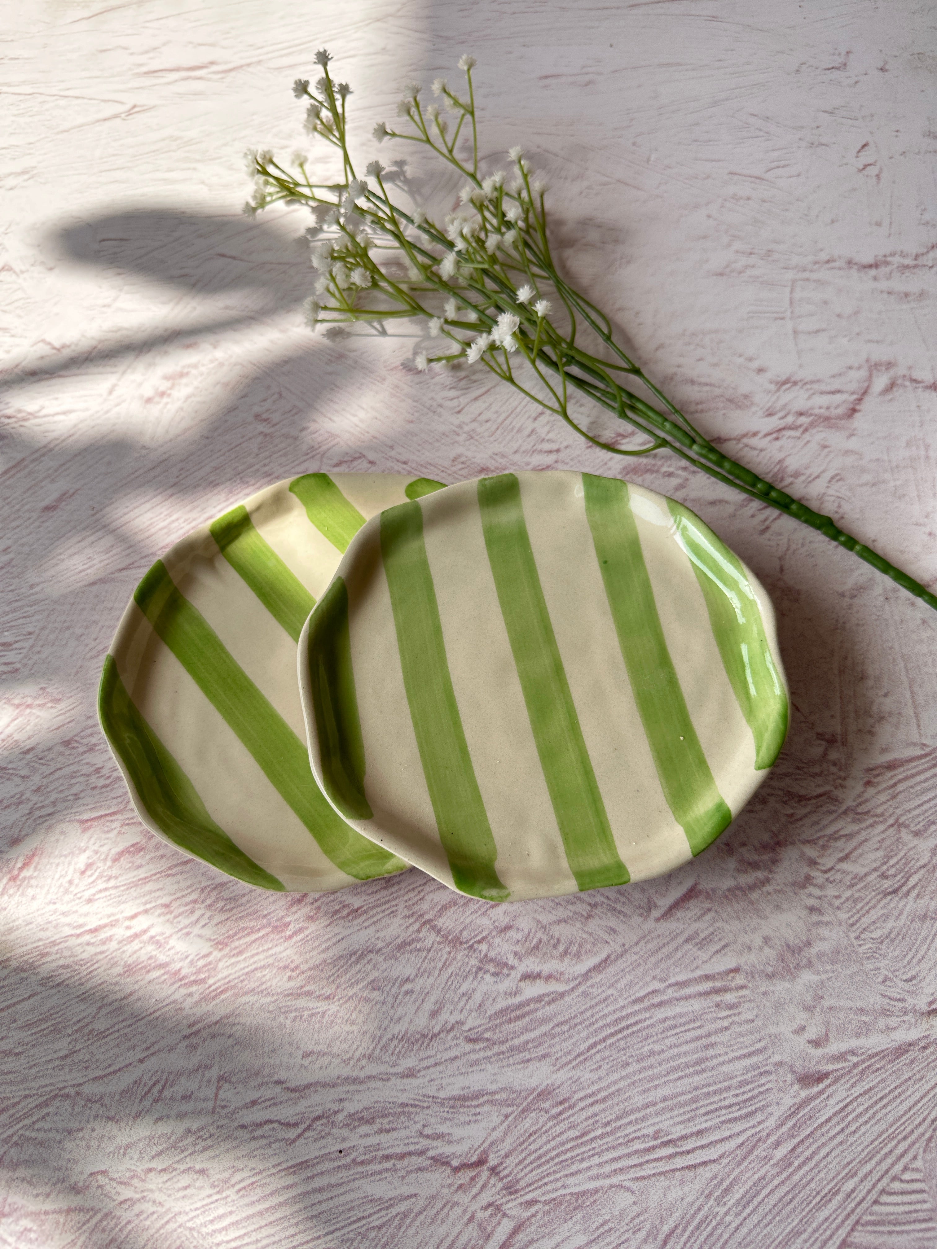 Ceramic Green stripe plate, 6.3x6.3 Inches (Set of 6)