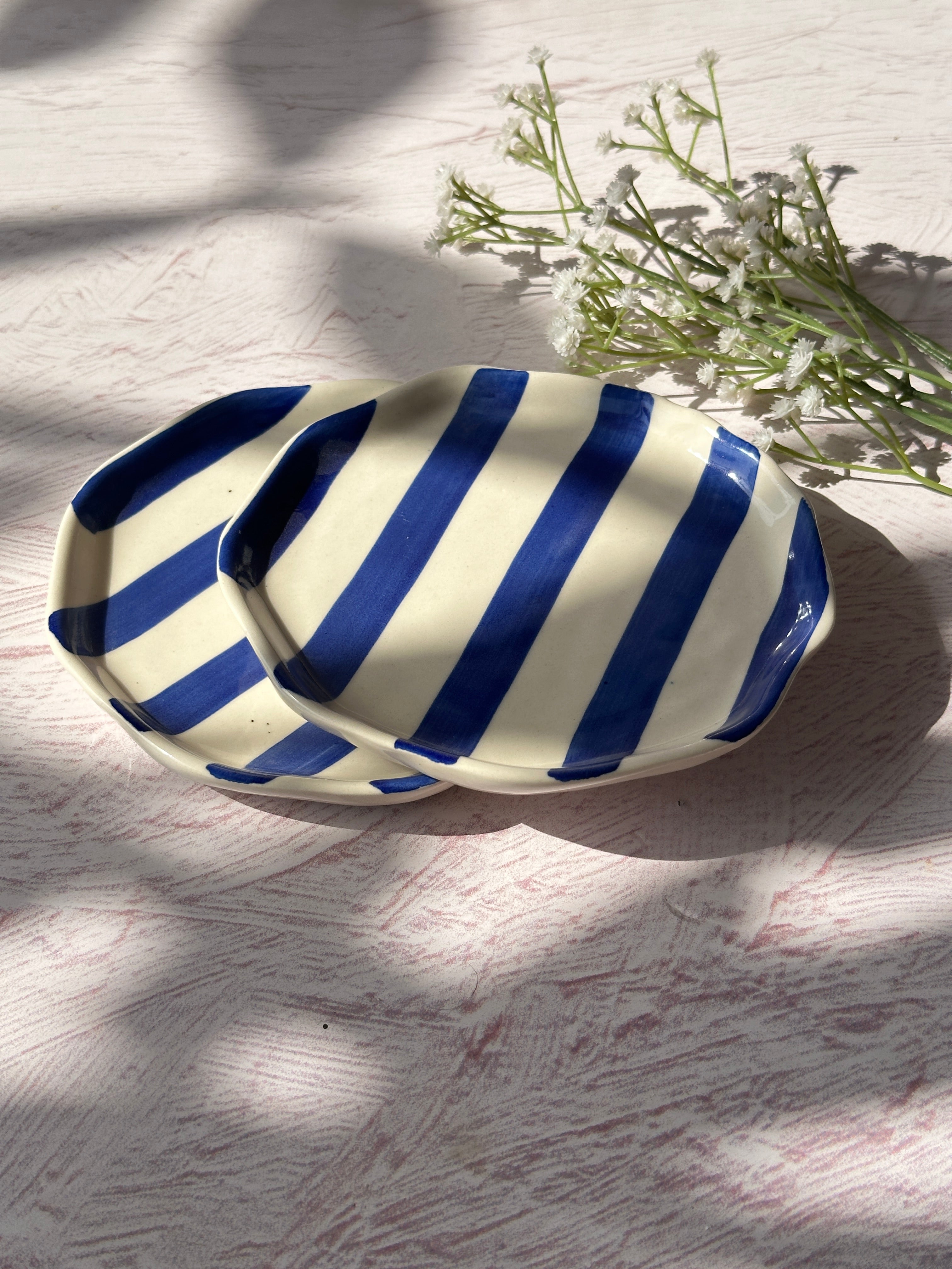 Ceramic Blue stripe plate, 6.3x6.3 Inches (Set of 6)