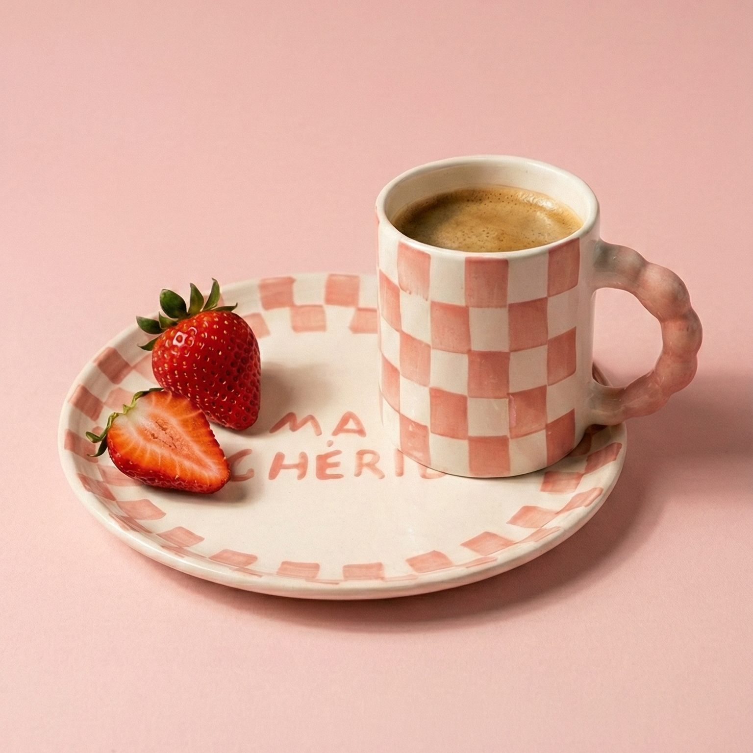 Pink Checkered Ceramic Breakfast Set - Coffee Cup & Side Plate (Set of 2)