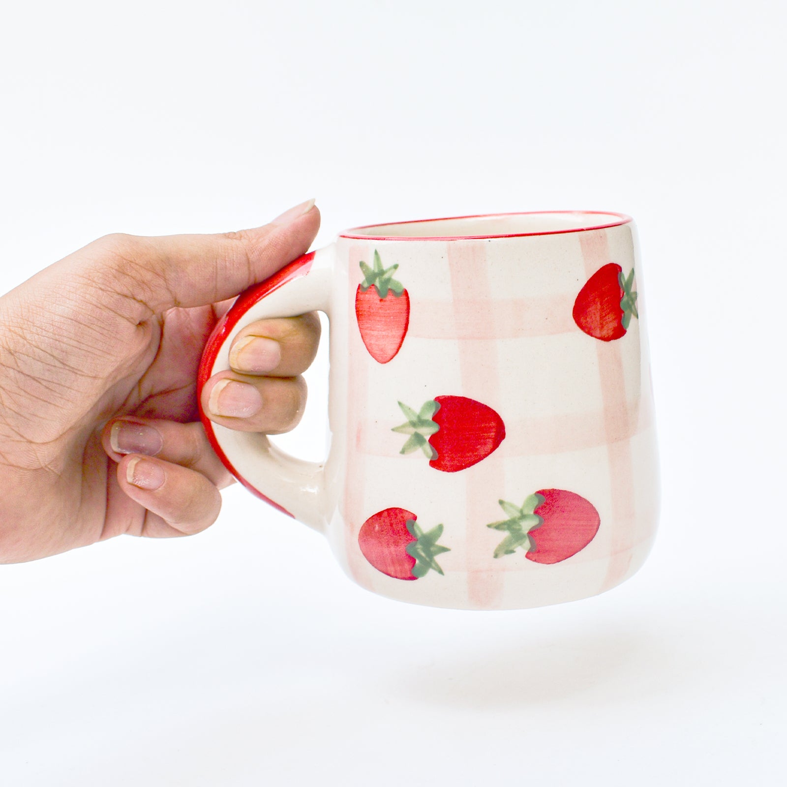 Strawberry Checkered Delight Ceramic Mug - 3.5 x 3 Inches