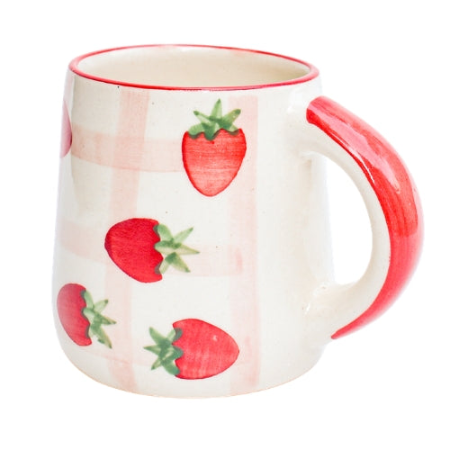 Strawberry Checkered Delight Ceramic Mug - 3.5 x 3 Inches - Set of 4