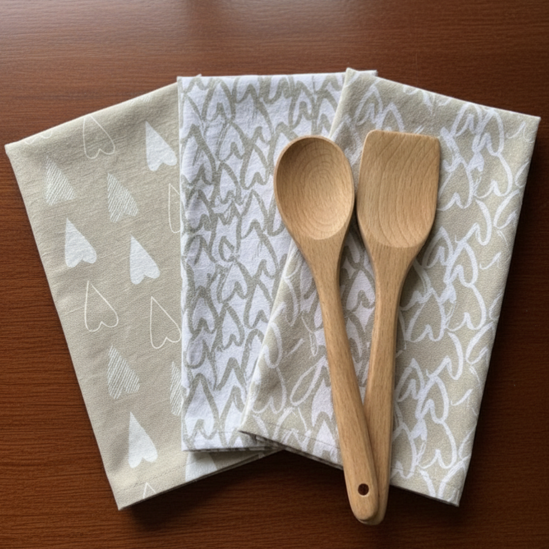 Ivory Beige Cotton Kitchen Towels , Set of 3 - 15x23 Inches