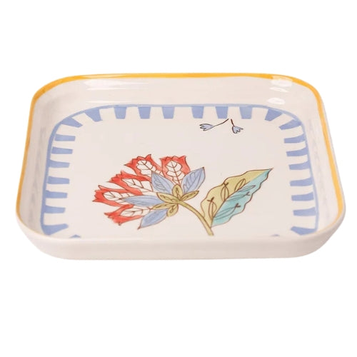 Stripe And Stem Handpainted Square Platter , 8.07  8.07 x 1.18 Inches (Set of 2)