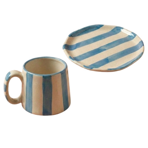 Classic Aqua Stripe Coffee Mug with Snack Plate (Set of 2)