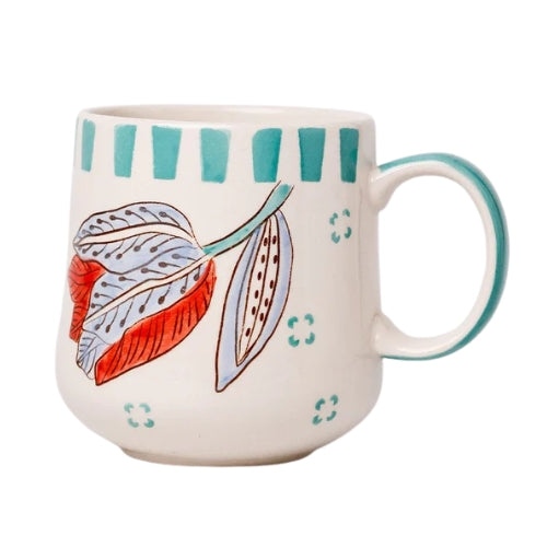 Stripe And Stem Handpainted Ceramic Coffee Mug - 4.72 x 3.15 x 3.54 Inches , 10 oz (Set of 4)