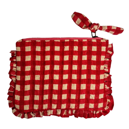 Sustainable Quilted Cotton Pouch, Red Checks - 8 x 5 Inches (Set of 2)