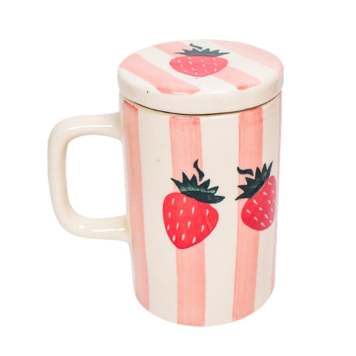 Strawberry Stripe Mug With Lid - 5 x 3 Inches