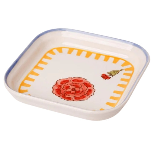 Stripe And Stem Handpainted Ceramic Square Snack Plate , 6.10 x 6.10 x 1.18 Inches (Set of 2 )