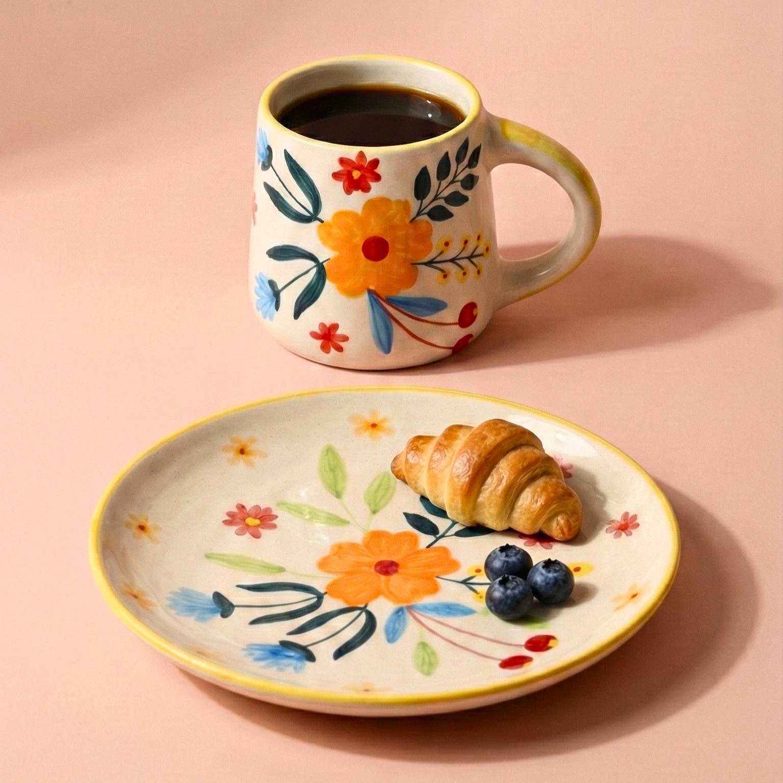 Floral Extravaganza Hand-Painted Mug & Plate Set - Set of 2