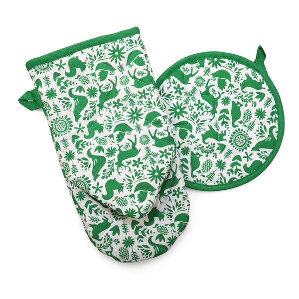 Green Otomi Pot Holder & Oven Mitt Set | Cotton | 7x13