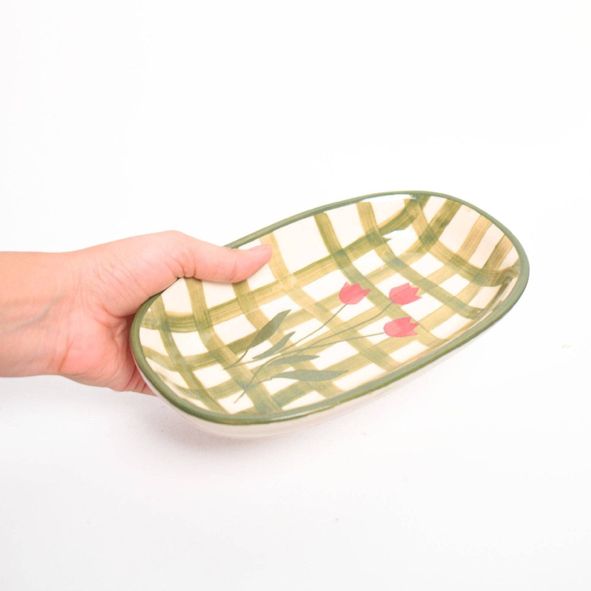 Green Checked Oval Bowl | Hand-Painted Ceramic | 8 Inch