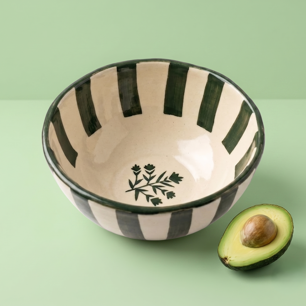Striped Green Floral Serving Bowl | Set Of 2