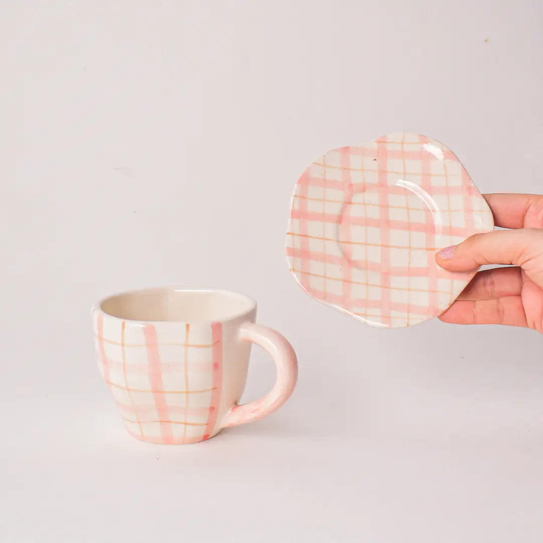 Handmade Cute Ceramic mug & Coaster Set - Plaid, 2.5 Inches (Set of 2)