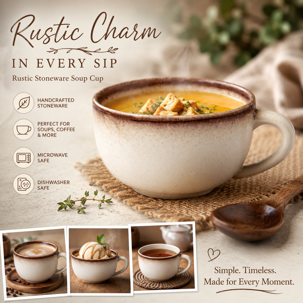 Rustic Stoneware Soup Cup | Cream & Brown Glaze  | Set Of 2