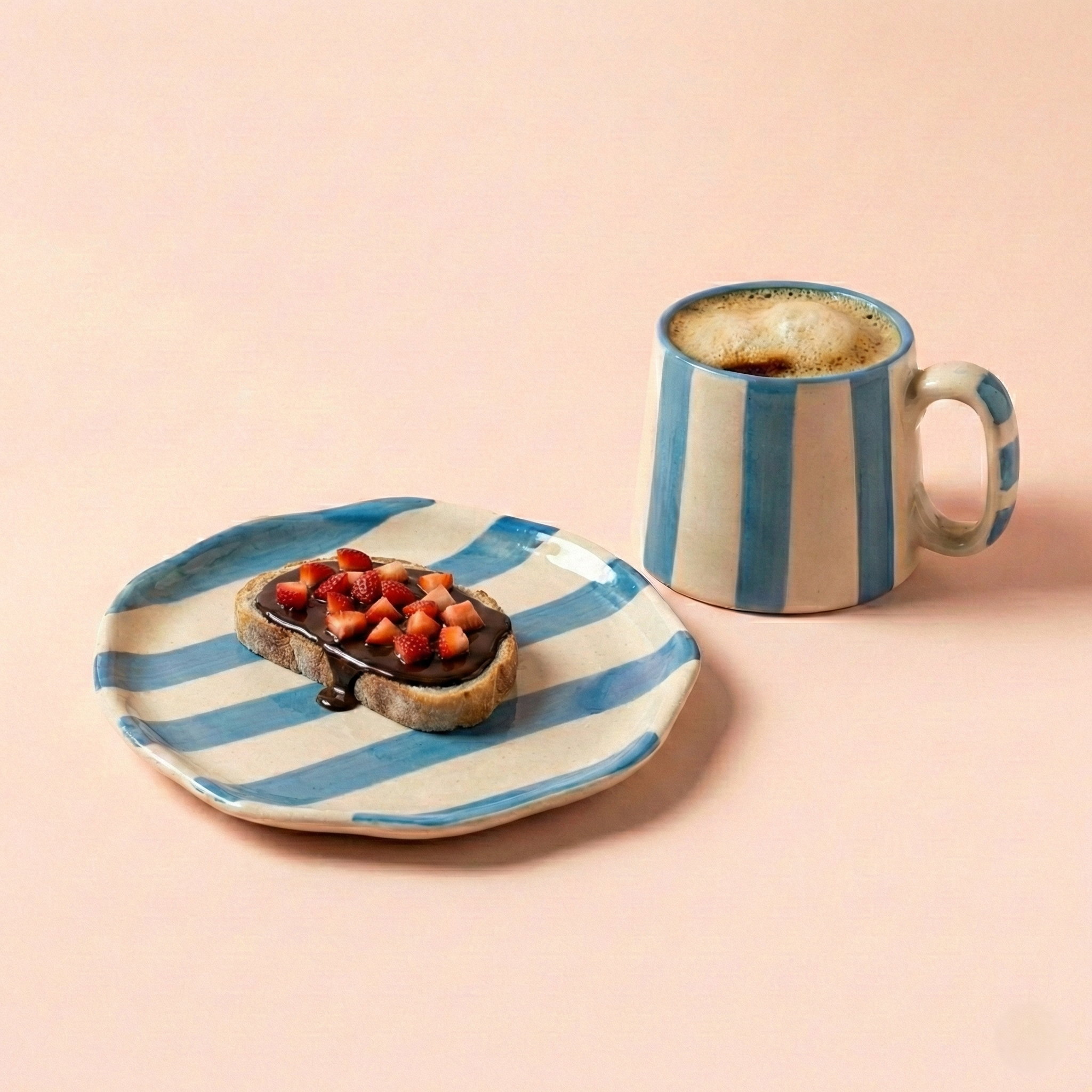 Classic Aqua Stripe Coffee Mug with Snack Plate (Set of 2)