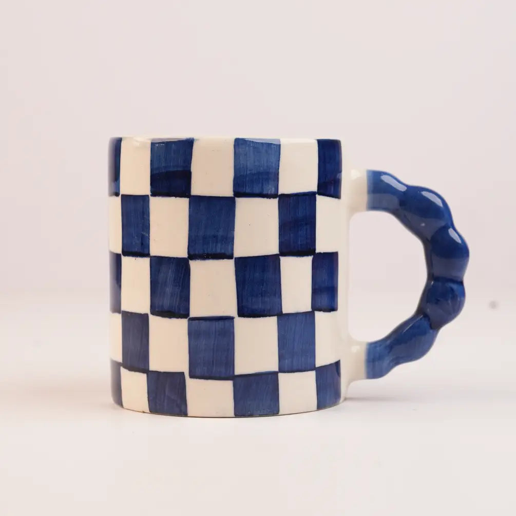Blue Checkered Ceramic Mug , 3x3x3.5 Inches (Set of 2)