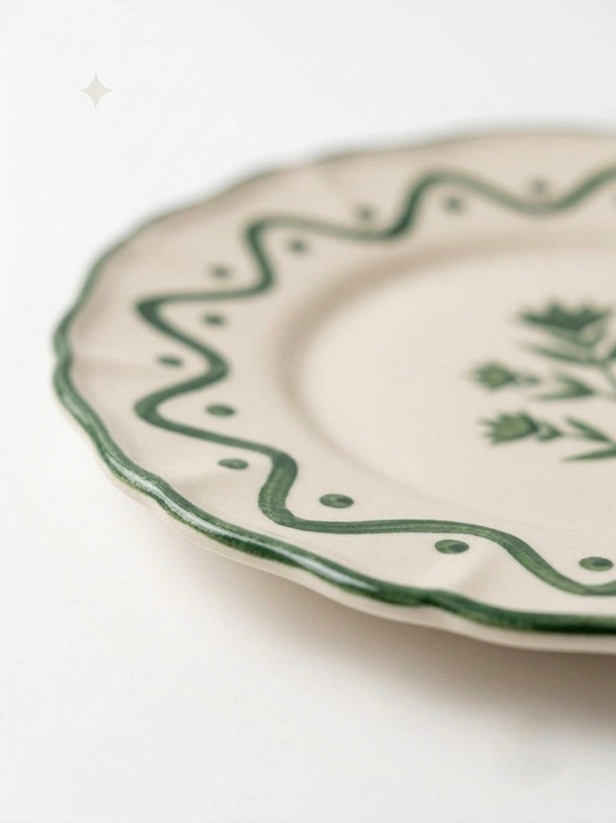 Scalloped Green Floral Snack Plate | Hand-crafted Ceramic | Set Of 2