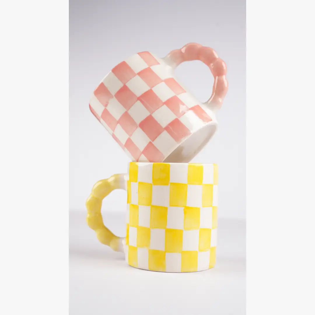 Pink Checkered Ceramic Mug , 3x3x3.5 Inches (Set of 2)