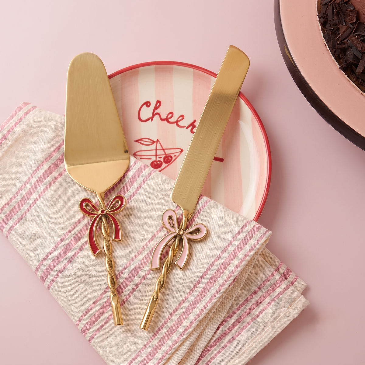 Red & Pink Bow Cake Knife | PVD Stainless Steel | Set Of 2