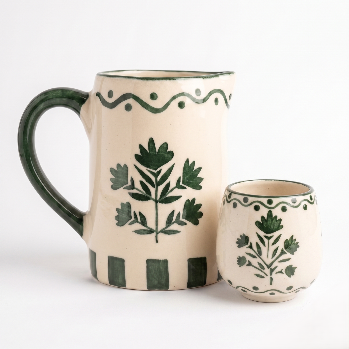 Green Floral Striped Pitcher | Hand-painted Ceramic | 6 Inch
