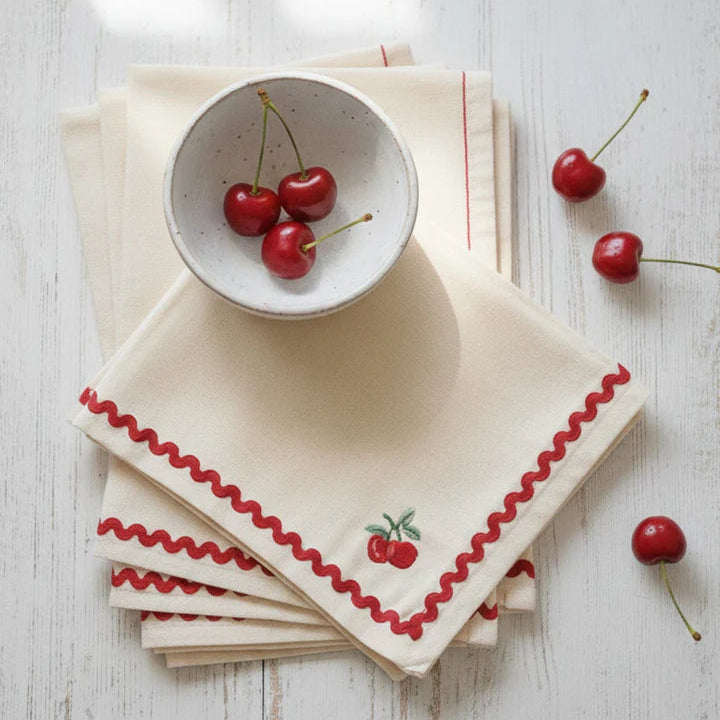 Cherry Crush Embroidered Napkins , Set of 6 - 16x16 Inches
