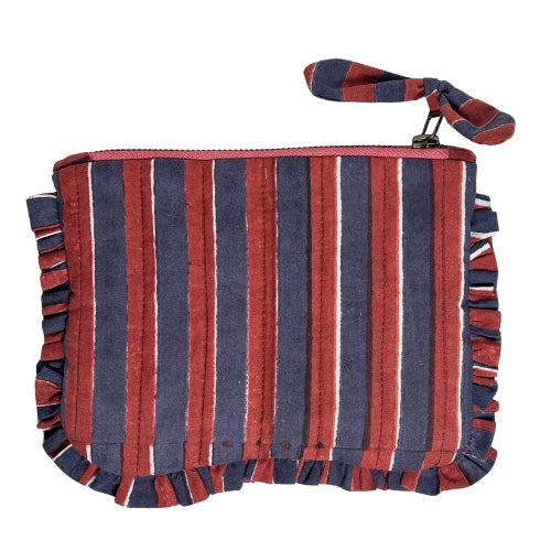 Sustainable Quilted Cotton Pouch, Navy Blue & Red Stripes - 8x5 Inches (Set of 2)