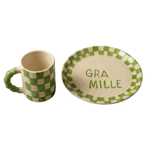 Green Checkered Ceramic Breakfast Set - Coffee Cup & Side Plate (Set of 2)