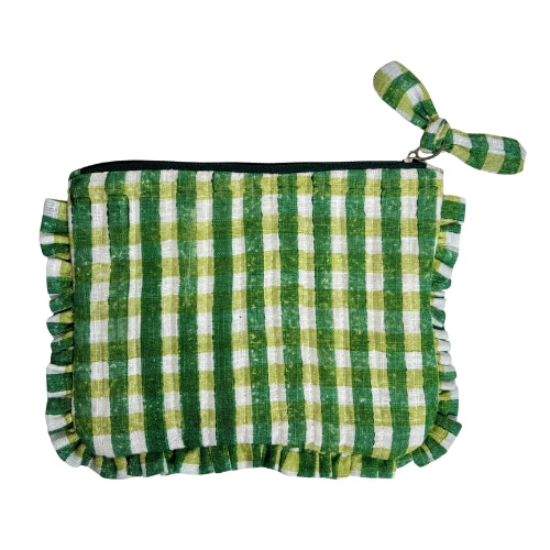 Sustainable Quilted Cotton Pouch, Green Checks - 8 x 5 Inches (Set of 2)