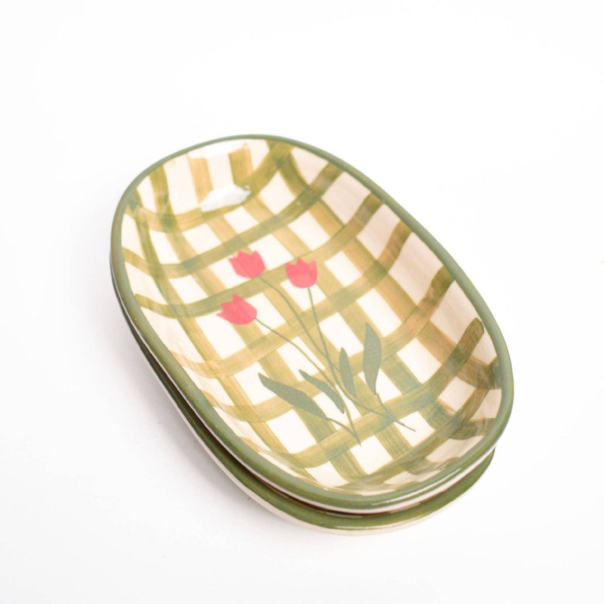 Green Checked Oval Bowl | Hand-Painted Ceramic | 8 Inch - Casa Amarosa