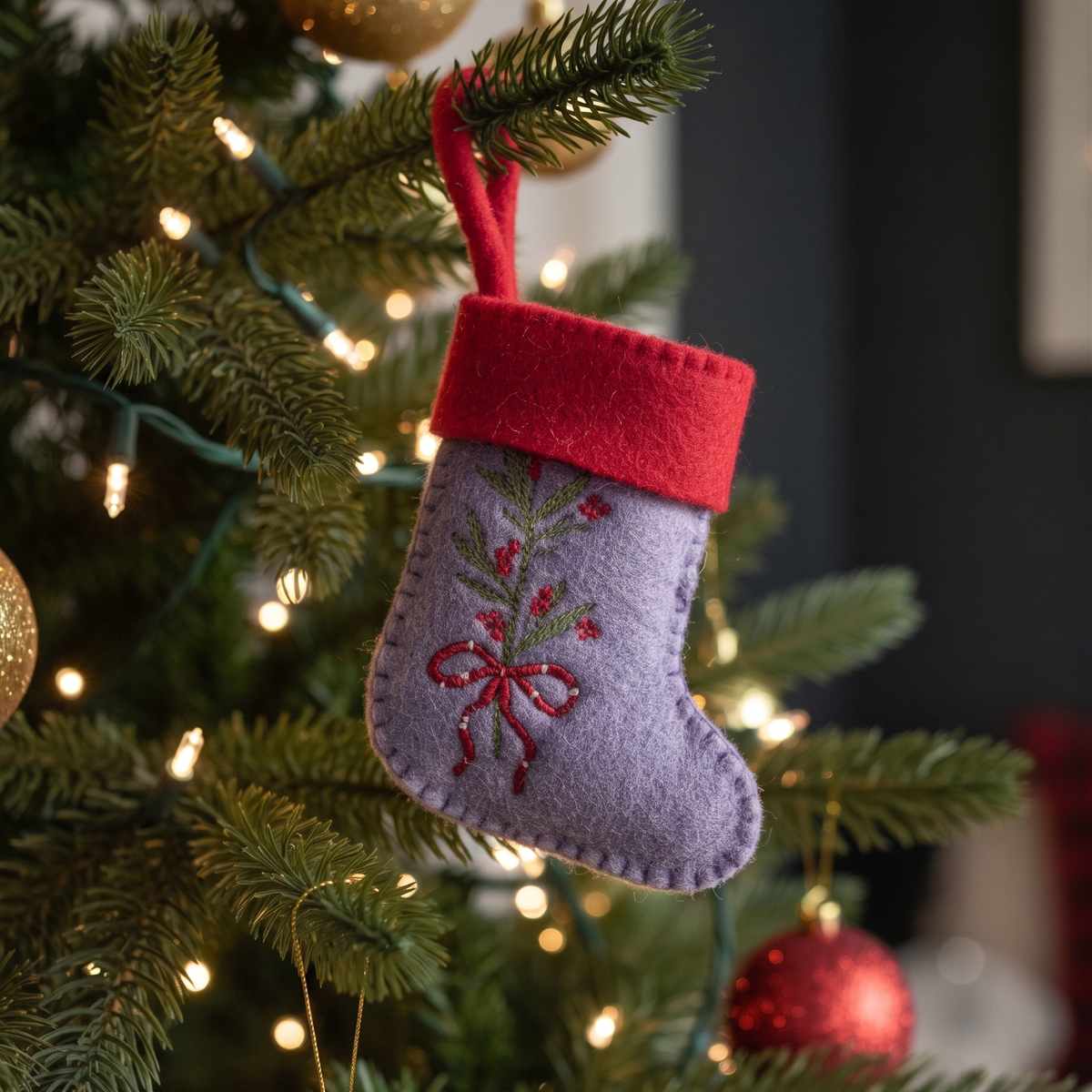 Holly Bouquet Felt Stocking | Embroidered Felt | 20cm | Set Of 2
