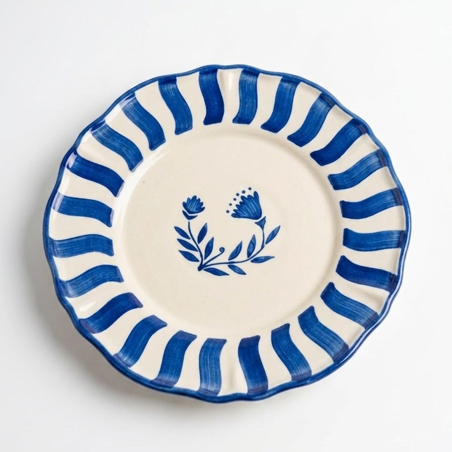 Stripe Blue Floral Dinner Plate | Handcrafted Ceramic | 10.5 - Casa Amarosa