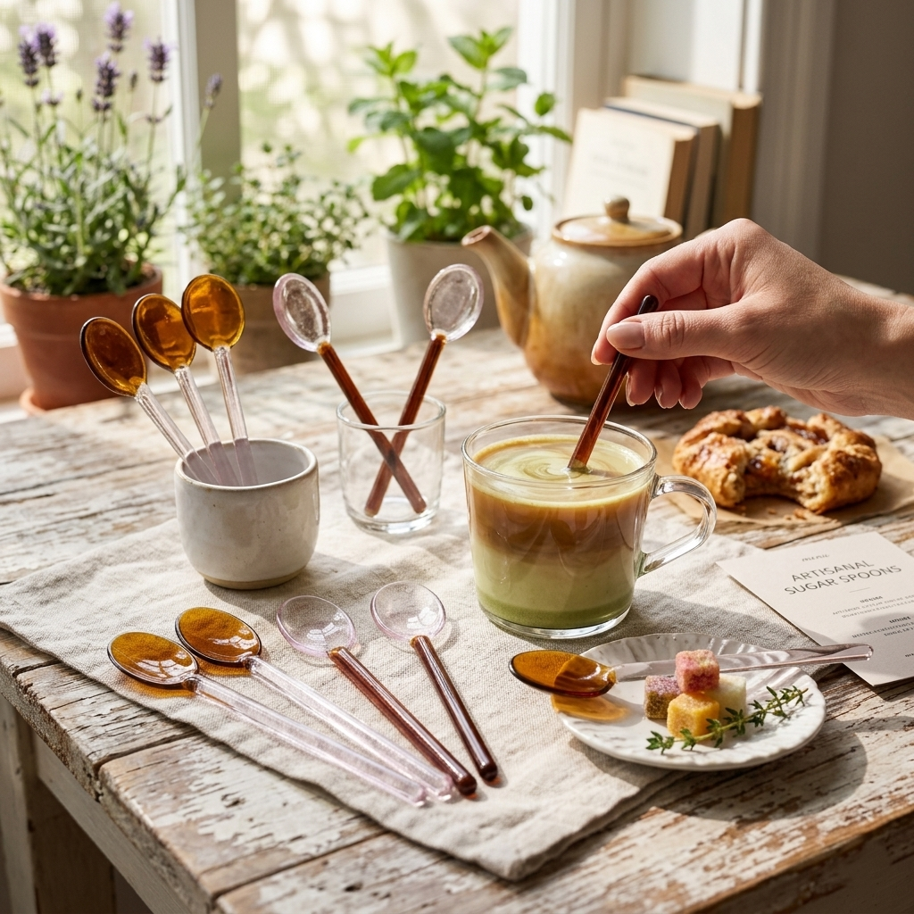 Glass Spoons Pink- Amber - 4.9 x 1 Inches (set of 4)