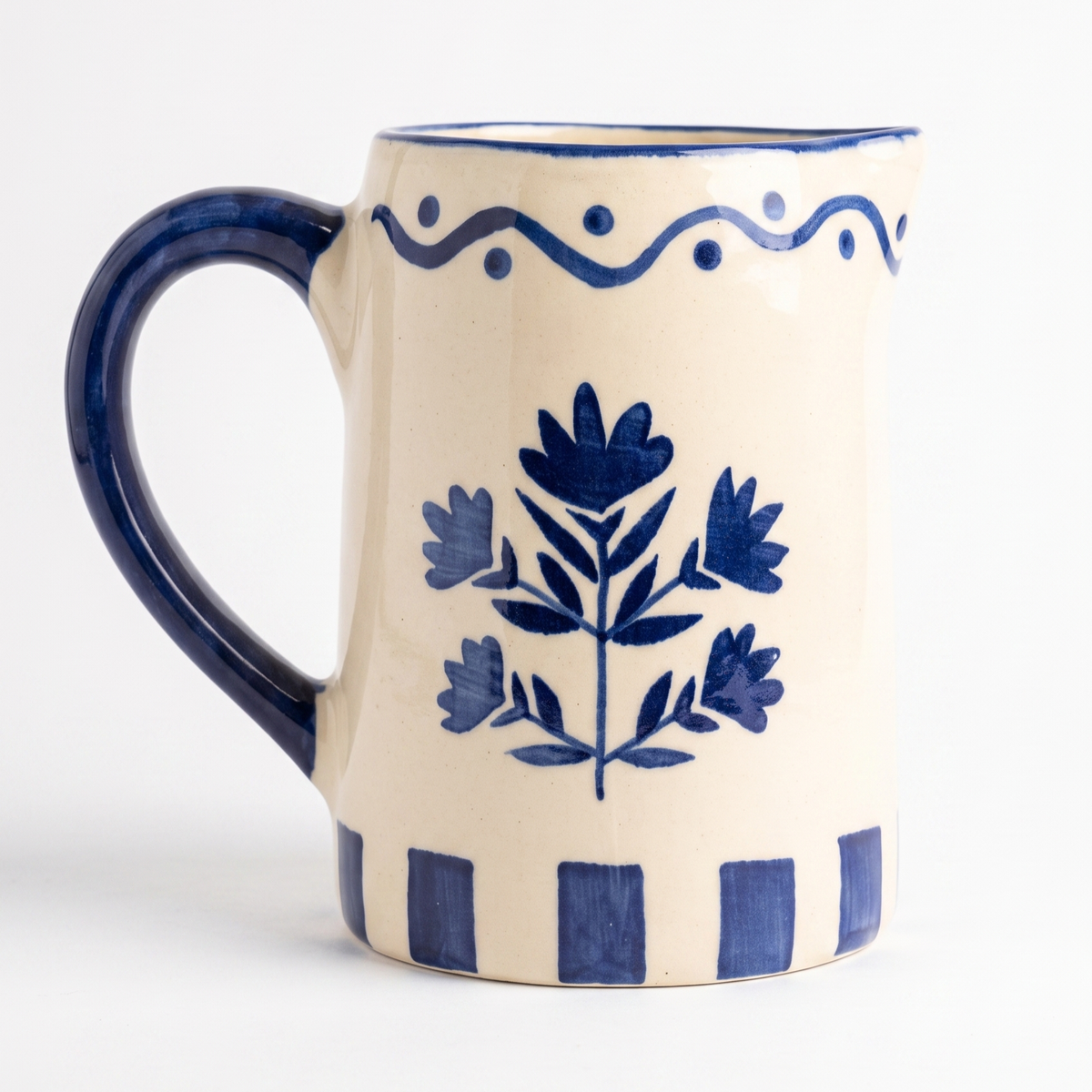 Blue Floral Striped Pitcher | Hand-painted Ceramic | 6 Inch - Casa Amarosa