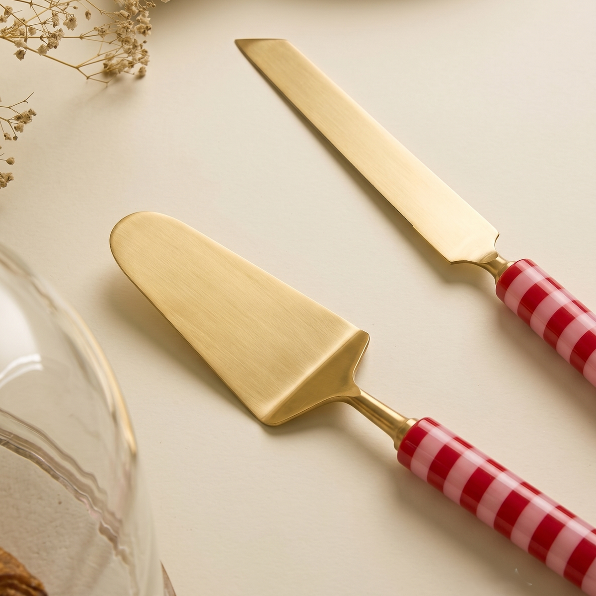 Red & Pink Stripe Cake Knife Set | Resin Handle | Set Of 2