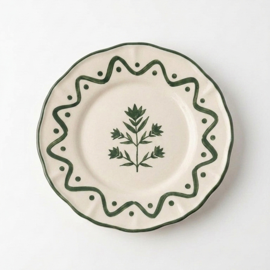 Scalloped Green Floral Snack Plate | Hand-crafted Ceramic - Casa Amarosa