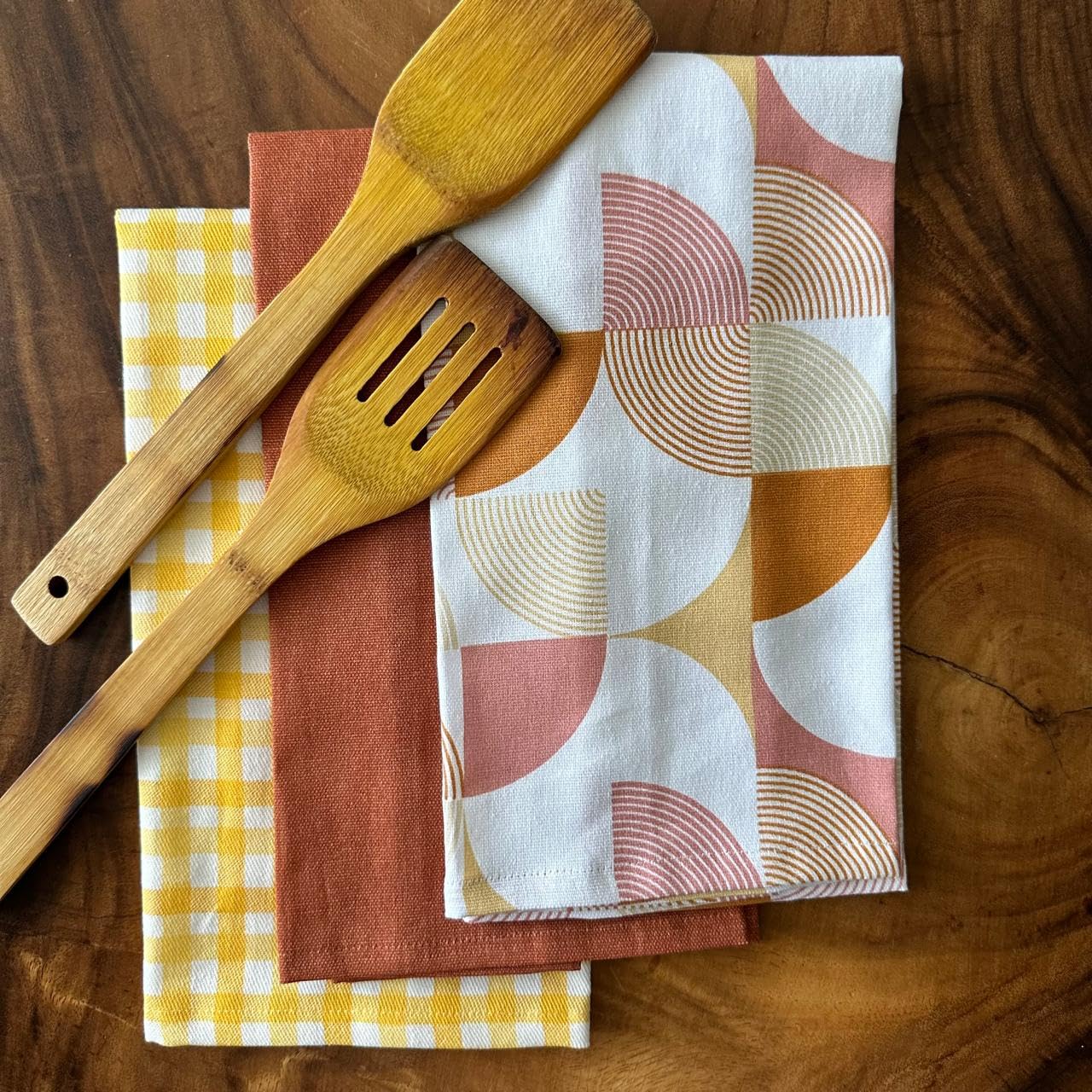Rust Abstract Geometric Cotton Kitchen Towels ,  Set of 3 - 15x23 Inches