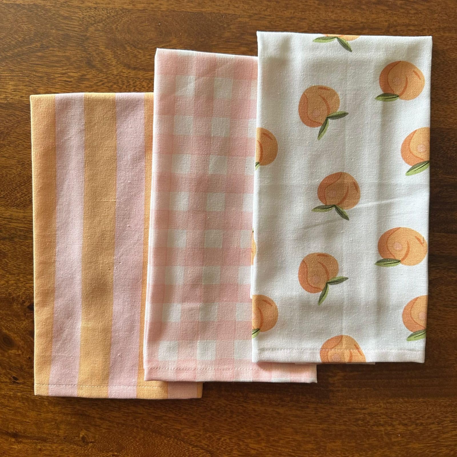 Peach, Pink Checks & Stripe Print Cotton Kitchen Towels , Set of 3 - 15x23 Inches